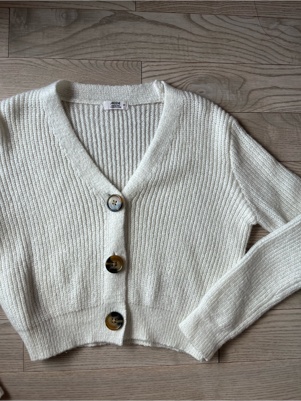 Cream Ribbed V-Neck Button Cardigan Sweater